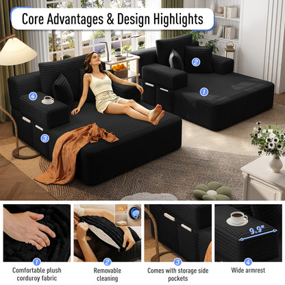 Oversized Double Chaise Lounge 2-Piece Set, Luxurious Plush Corduroy Convertible Sofa Bed with 6 Pillows and Storage Pocket, for Small Spaces,Home Theater, Living Room, Black image 9