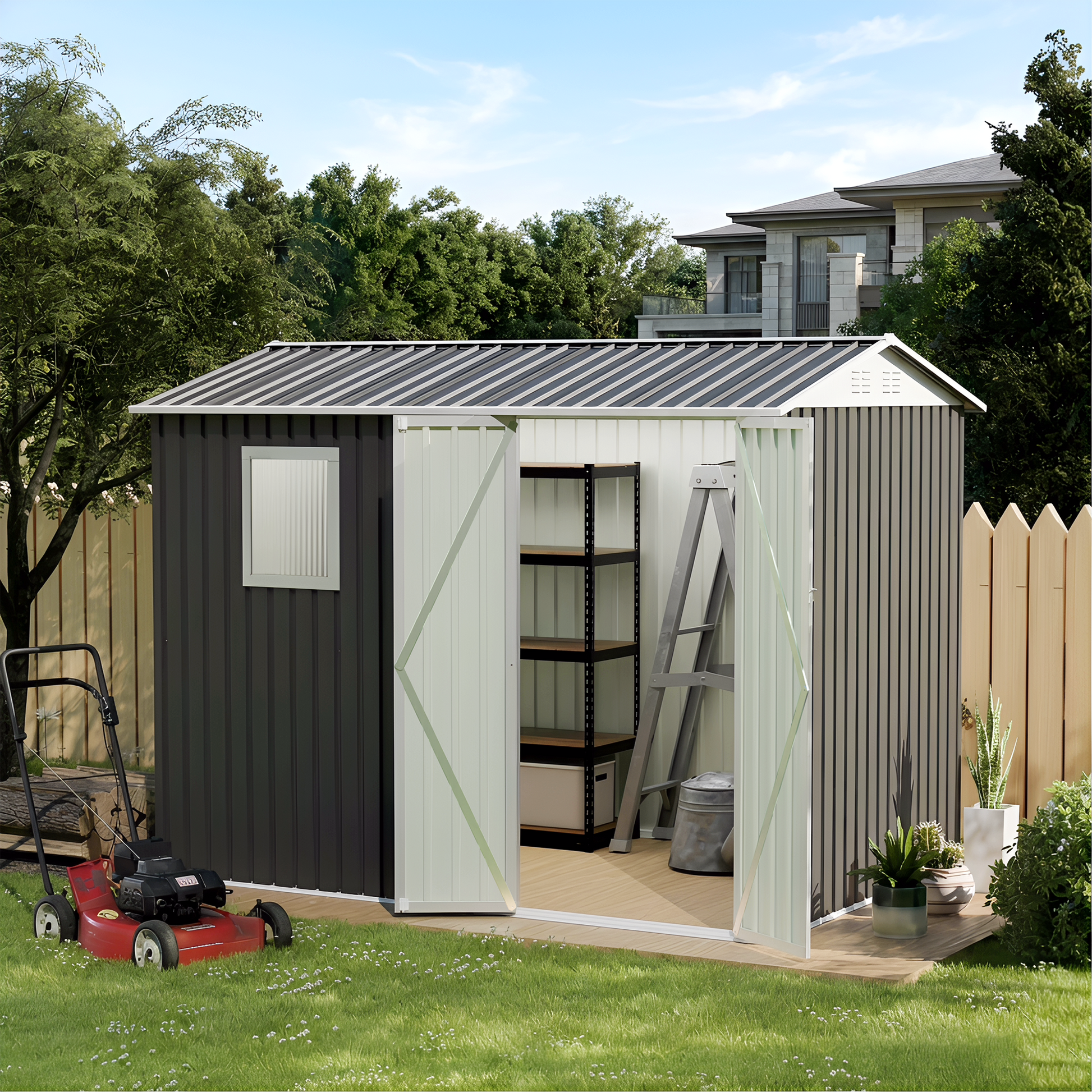 9x6 FT Metal Garden Shed with 1 Windows for Outdoors Patio Hinge Doors Storage Sheds image 4