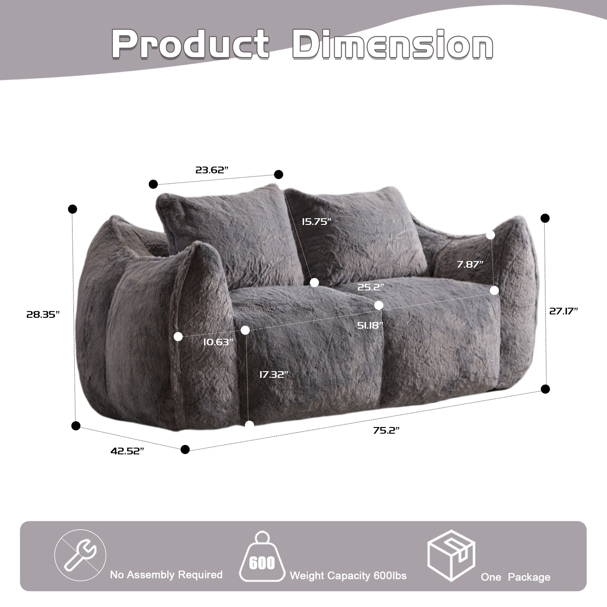Giant Bean Bag Couch for Adults, Ultra Soft Fluffy Loveseat Bean Bag Sofa, Oversized Chase Lounge Chair Indoor for Living Room Bedroom, No Assembly Required Cozy Reading Chair with Pillows, Grey image 3