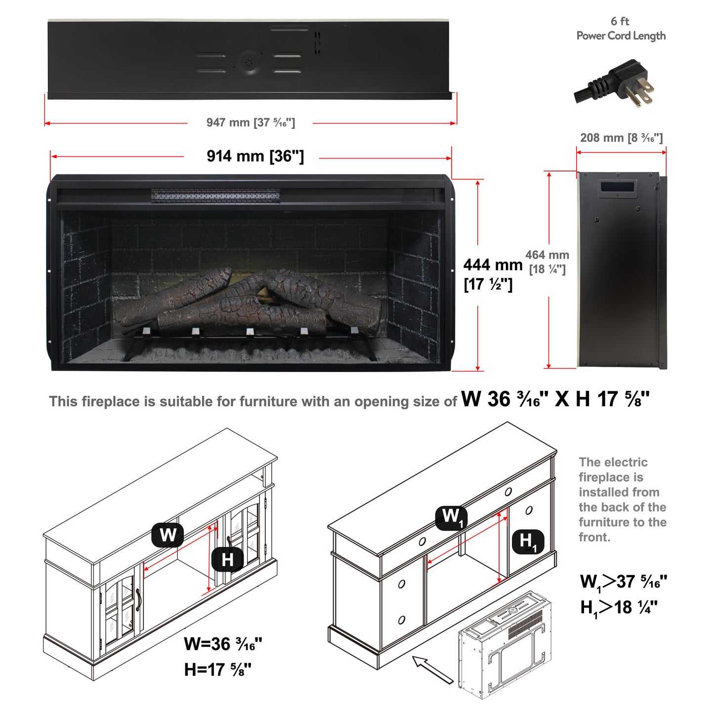 36 inch Infrared Electric Fireplace with Removable Trim kit Insert, Touch Panel Home Decor Heater image 8