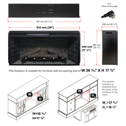 36 inch Infrared Electric Fireplace with Removable Trim kit Insert, Touch Panel Home Decor Heater image 8