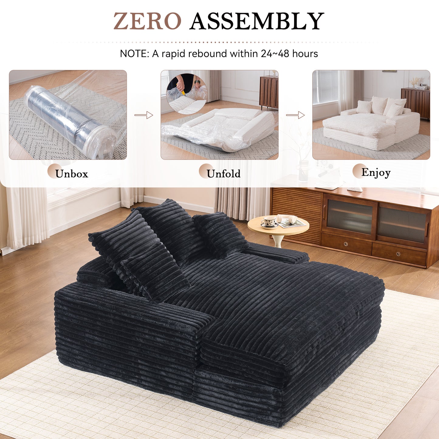 028DR-Oversized chaise Lounge chair, Upholstered Sleeper Sofa Bed with 4 Throw Pillows and Armrests, Corduroy Fabric Plush Lounge Chair Bed for Living Room, Apartment & Small Spaces, Gray image 9