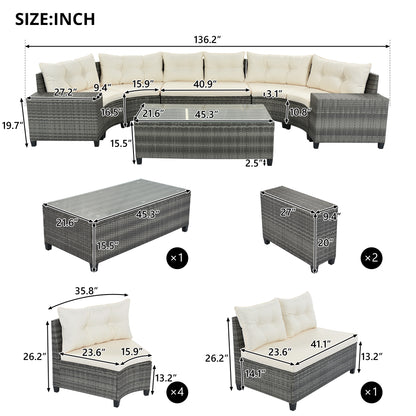 <Old SKU: FG201215AAA> 8-pieces Outdoor Wicker Round Sofa Set, Half-Moon Sectional Sets All Weather, Curved Sofa Set With Rectangular Coffee Table, PE Rattan, Movable Cushion, Beige image 8
