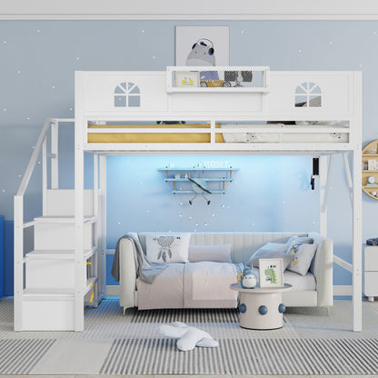 Queen Size Loft Bed with Stairs, Metal Queen Loft Bed with High and House Shaped Guardrails, High Loft Bed with Wardrobe for Kids Teens, White (Old SKU W2593S00038 Expect Arrival Date2026/3/7) image 2