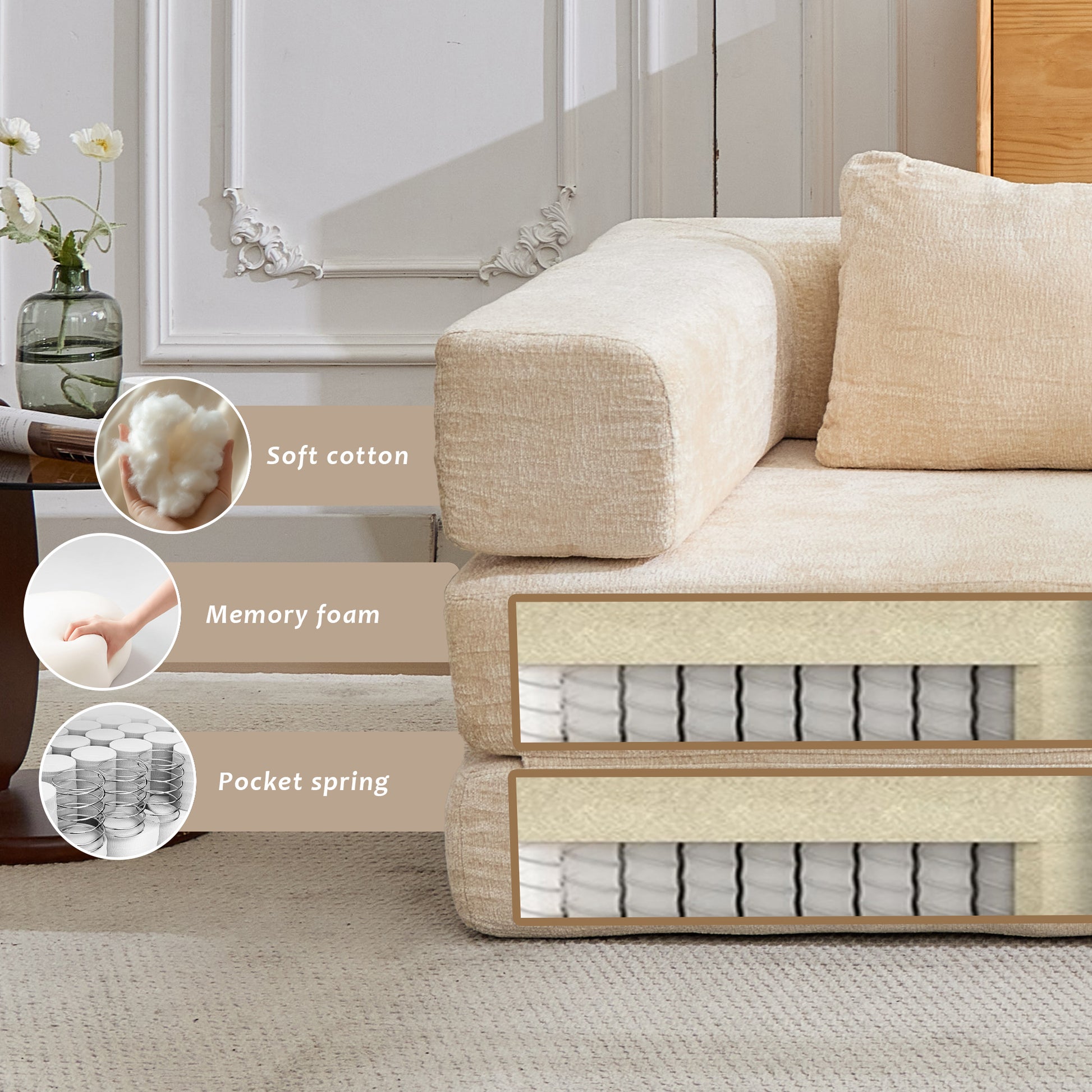 Compression Sofa,Convertible Floor Sofa Bed with Fixed-Shape Frame,Single Seater Boneless Modular Sectional Sofa,No Assembly Required,Chenille fabric,for Living Room Bedroom,Beige image 5