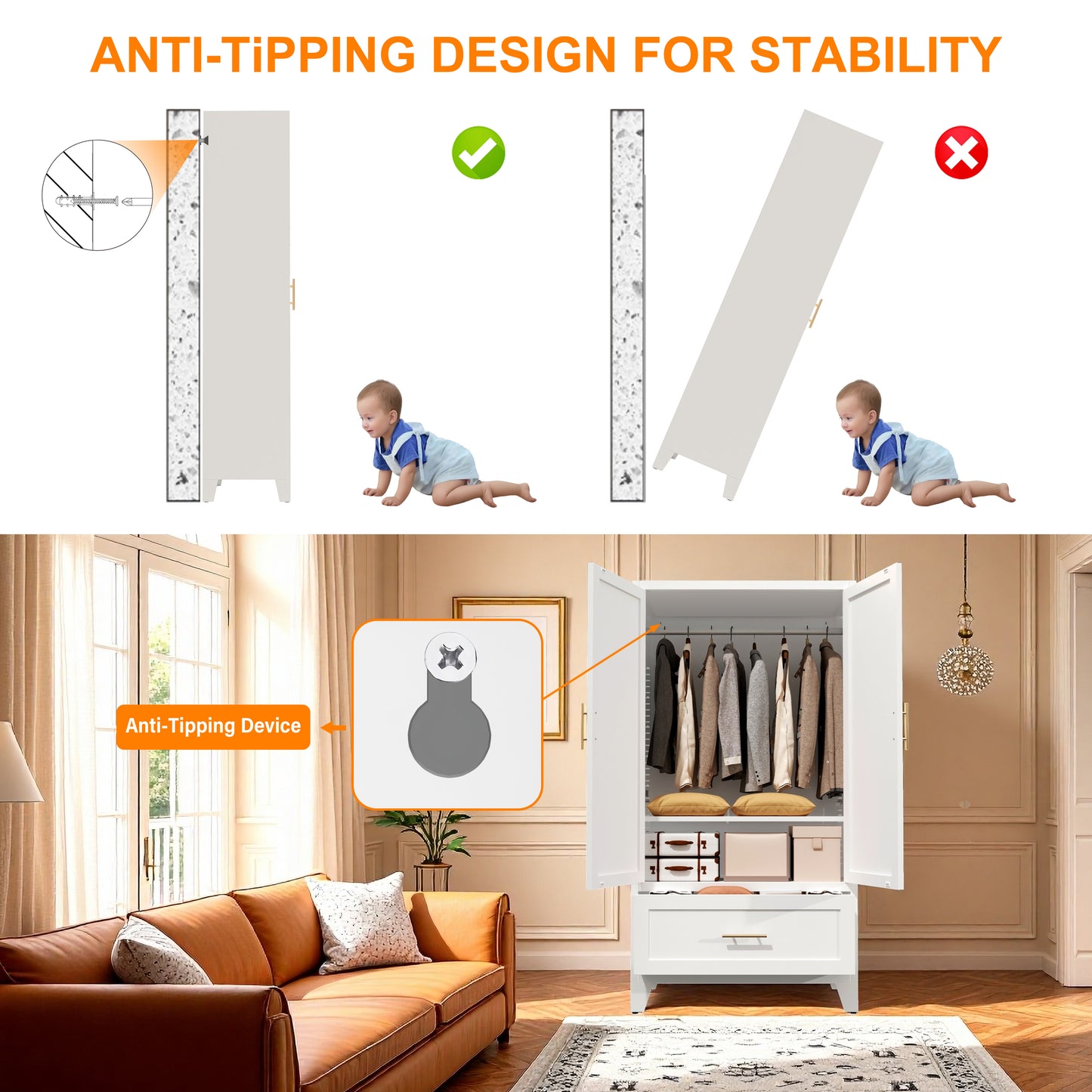 60" Tall Metal Wardrobe Cabinet with 1 Drawer and Hanging Rod, 2 Doors Wardrobe Closet with Shelf for Bedroom, Office, Laundry Room,Entryway,Foyer,Guesthouse (White) image 3