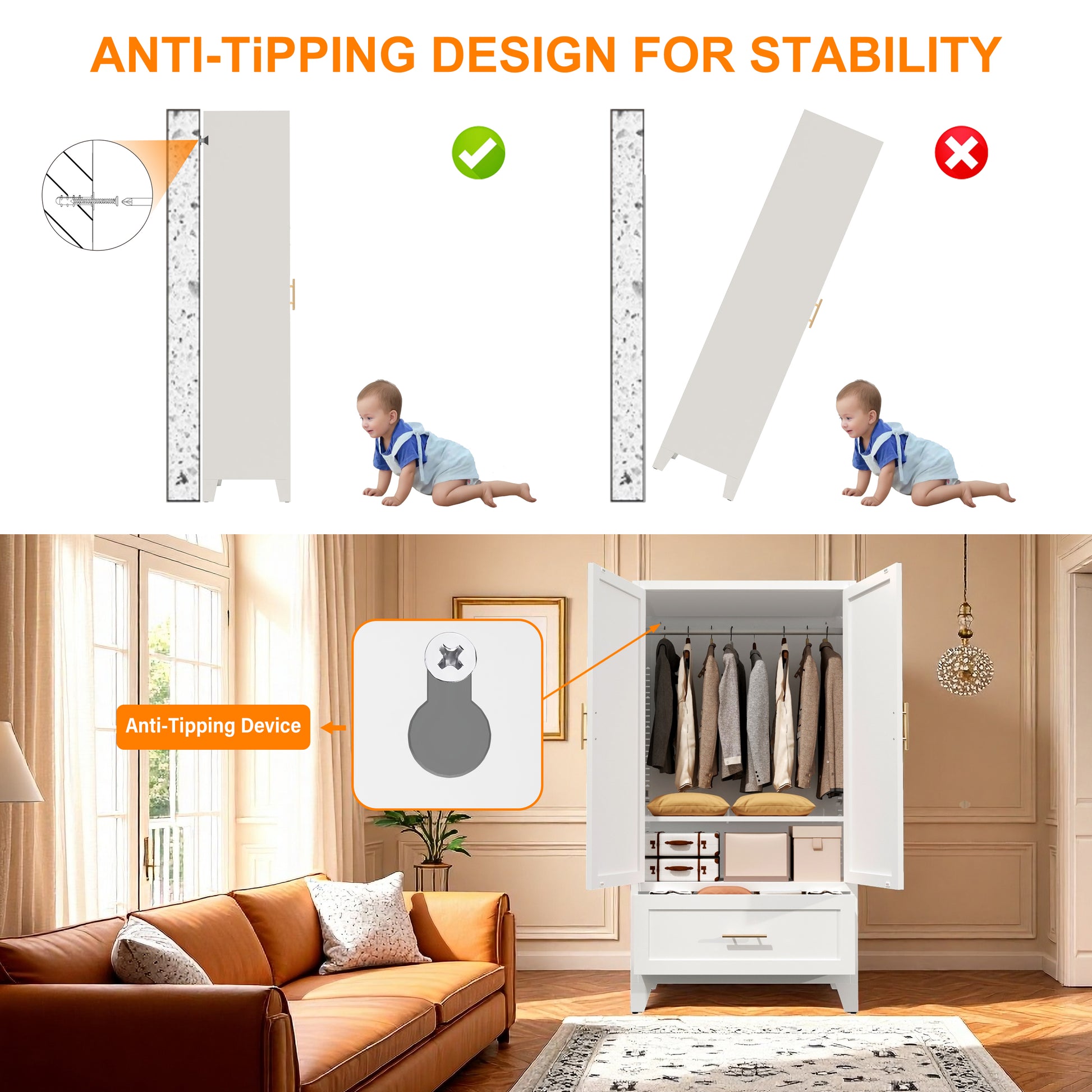 60" Tall Metal Wardrobe Cabinet with 1 Drawer and Hanging Rod, 2 Doors Wardrobe Closet with Shelf for Bedroom, Office, Laundry Room,Entryway,Foyer,Guesthouse (White) image 3