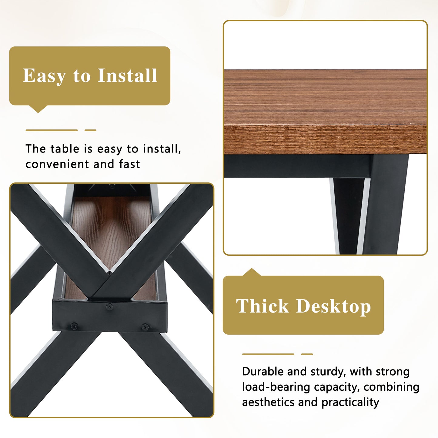 Table and chair set. 71 * 35.4 inch walnut MDF splicing desktop with X-shaped metal frame dining table.Includes 6 white PU dining chairs With Black Metal Legs.Making it an ideal choice for home. image 10