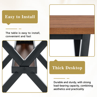 Table and chair set. 71 * 35.4 inch walnut MDF splicing desktop with X-shaped metal frame dining table.Includes 6 white PU dining chairs With Black Metal Legs.Making it an ideal choice for home. image 10