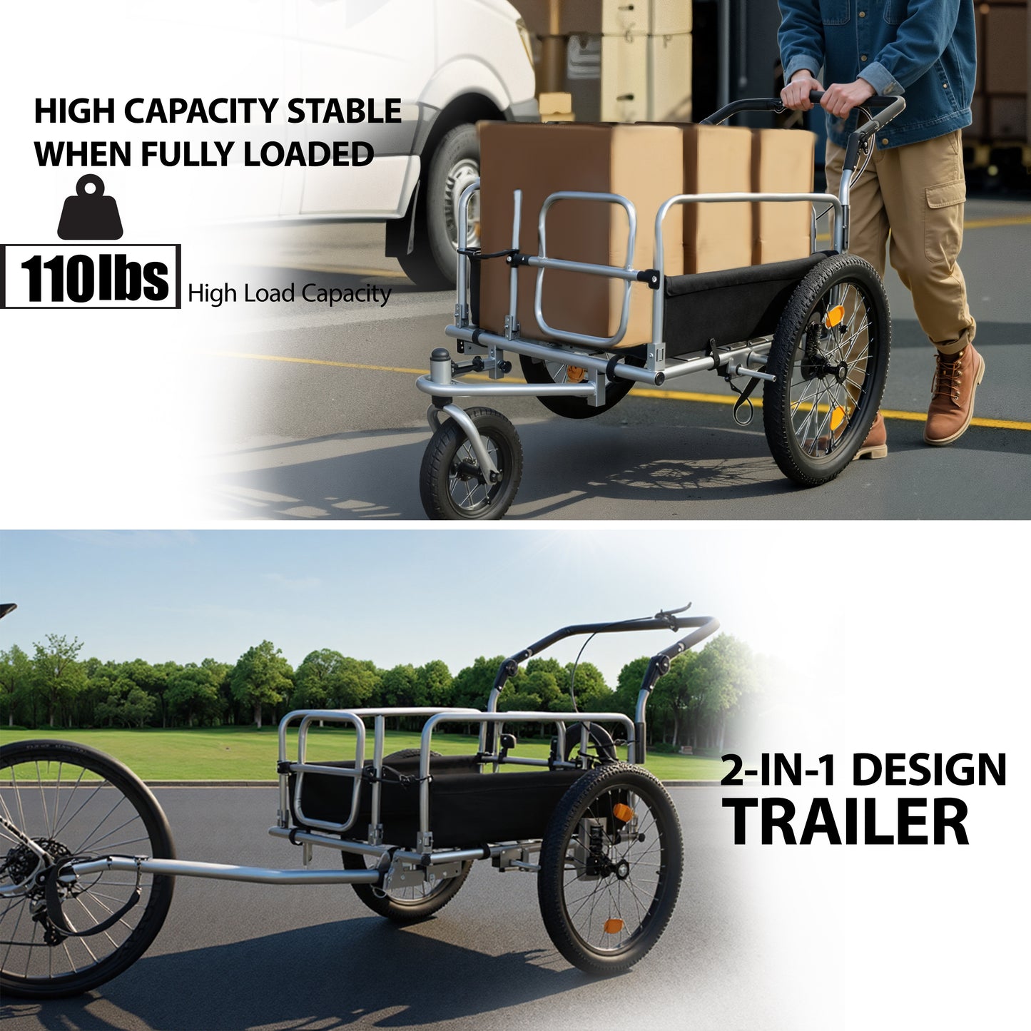 3-in-1 Heavy-Duty Bike Cargo Trailer -Bike Compatible Steel Frame, 110lb Capacity, Convertible Stroller & Pull Cart w/Suspension, 20 *2-3/8" FAT tire image 2