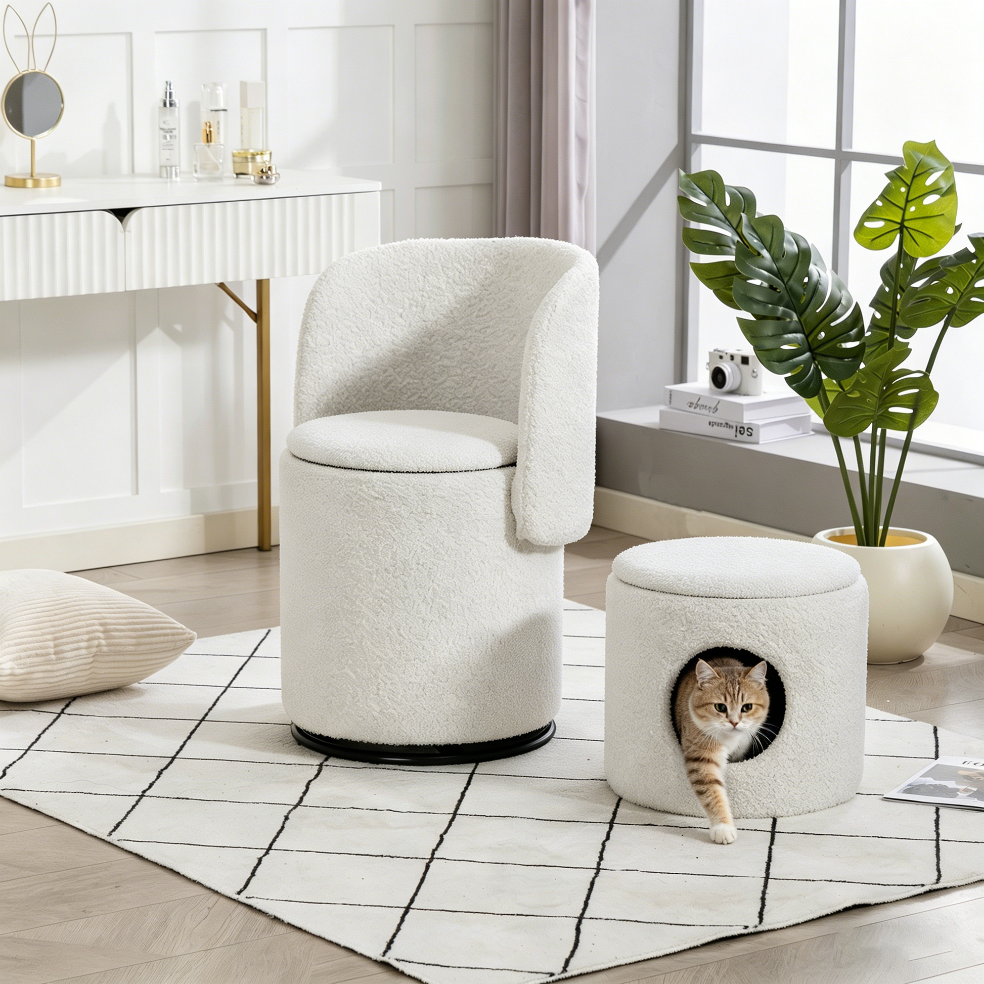 Stylish Upholstered Barrel Chair: 360° Swivel Vanity Stool for Bedroom & Dining Chair, Built-in Storage, Soft Padded Accent Seat, Multi-Functional for Dressing/Dining, Free Cat Bed Stool Included, image 11