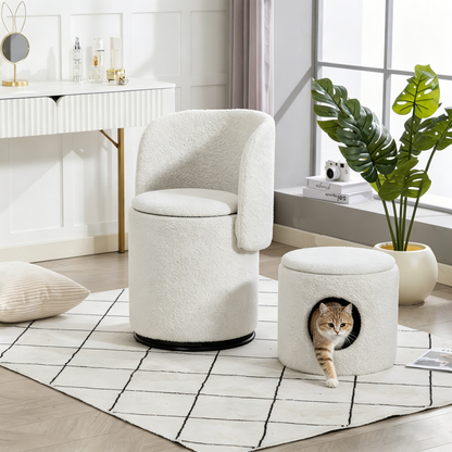 Stylish Upholstered Barrel Chair: 360° Swivel Vanity Stool for Bedroom & Dining Chair, Built-in Storage, Soft Padded Accent Seat, Multi-Functional for Dressing/Dining, Free Cat Bed Stool Included, image 11
