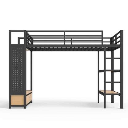 Twin XL size Loft Bed Frame with Wardrobe,Metal Loft Bed with Storage Shelves and Pegboard,Black image 9
