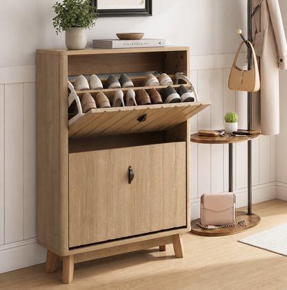 23.6-inch entryway shoe cabinet, ultra-thin flip-down large-capacity dustproof shoe rack for home use, medieval-modern freestanding shoe cabinet, oak color. image 4