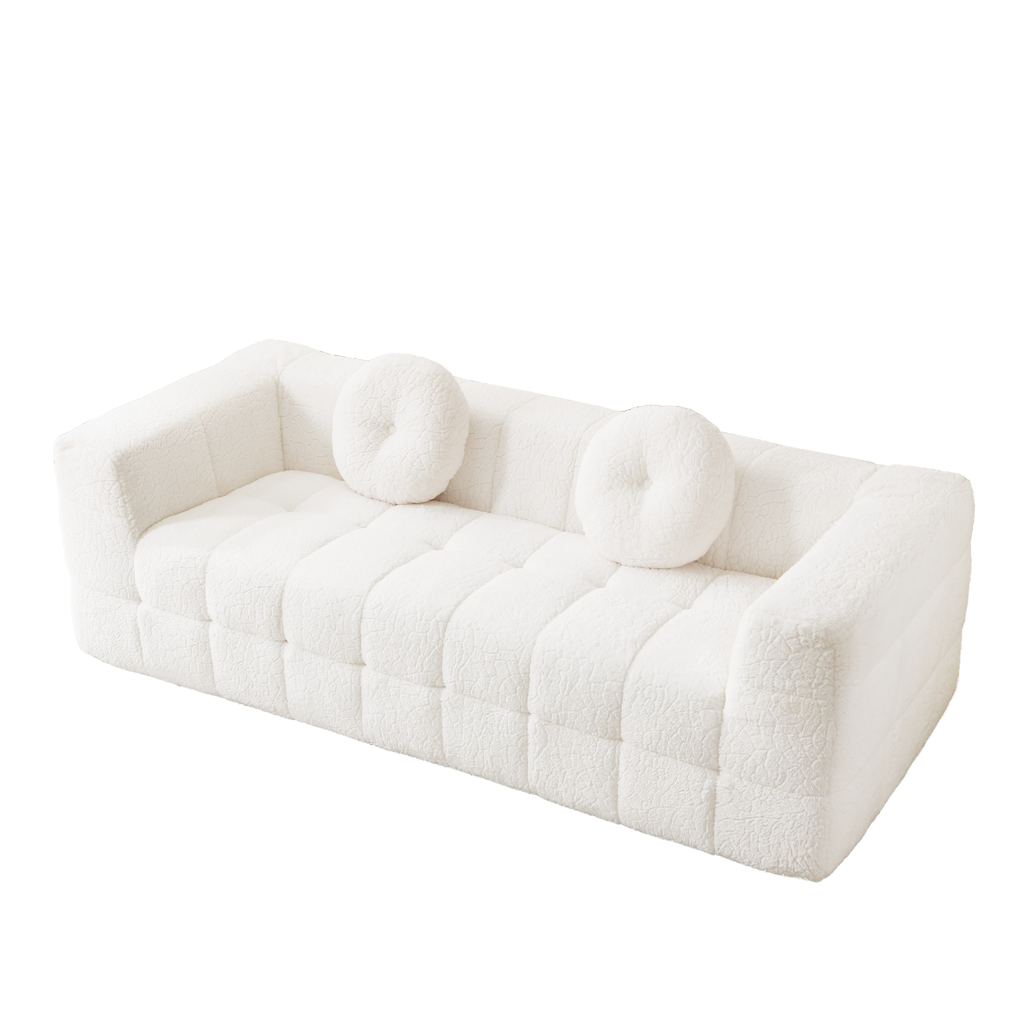 84.6-inch Modern Boneless Couch with Two Circular throw pillows,Skin-friendly lychee-textured long-pile polyester fabric,Checkered Fabric Design Three-Seater Foam Sofa image 8