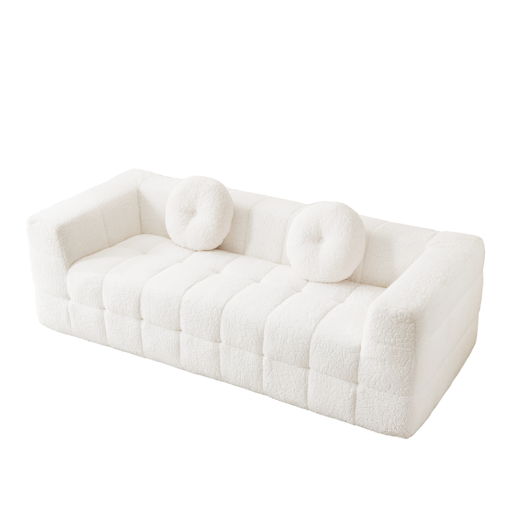 84.6-inch Modern Boneless Couch with Two Circular throw pillows,Skin-friendly lychee-textured long-pile polyester fabric,Checkered Fabric Design Three-Seater Foam Sofa image 8