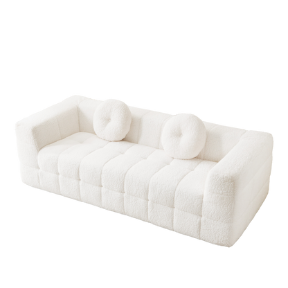 84.6-inch Modern Boneless Couch with Two Circular throw pillows,Skin-friendly lychee-textured long-pile polyester fabric,Checkered Fabric Design Three-Seater Foam Sofa image 8