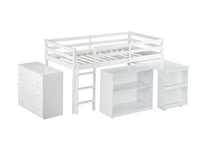Twin Loft Bed w. stroage case,drawers,Twin Loft Bed with,Drawer Cabinet, Shelf Cabinet and Pulling -Out Desk,Rubber Wood Loft Bed with Safety Guardrail,Ladder,White image 4