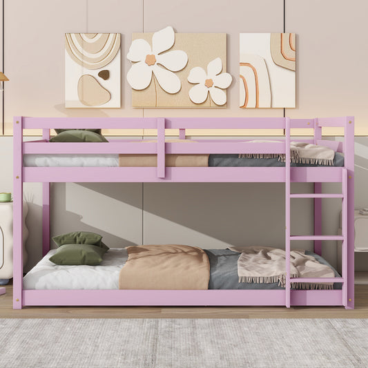 Solid Wooden, Solid Rubber Wooden Twin over Twin Floor Bunk Bed with Ladder,Upper and Bottom Bed Platforms crafted with Strengthened Slats,Pink image 1