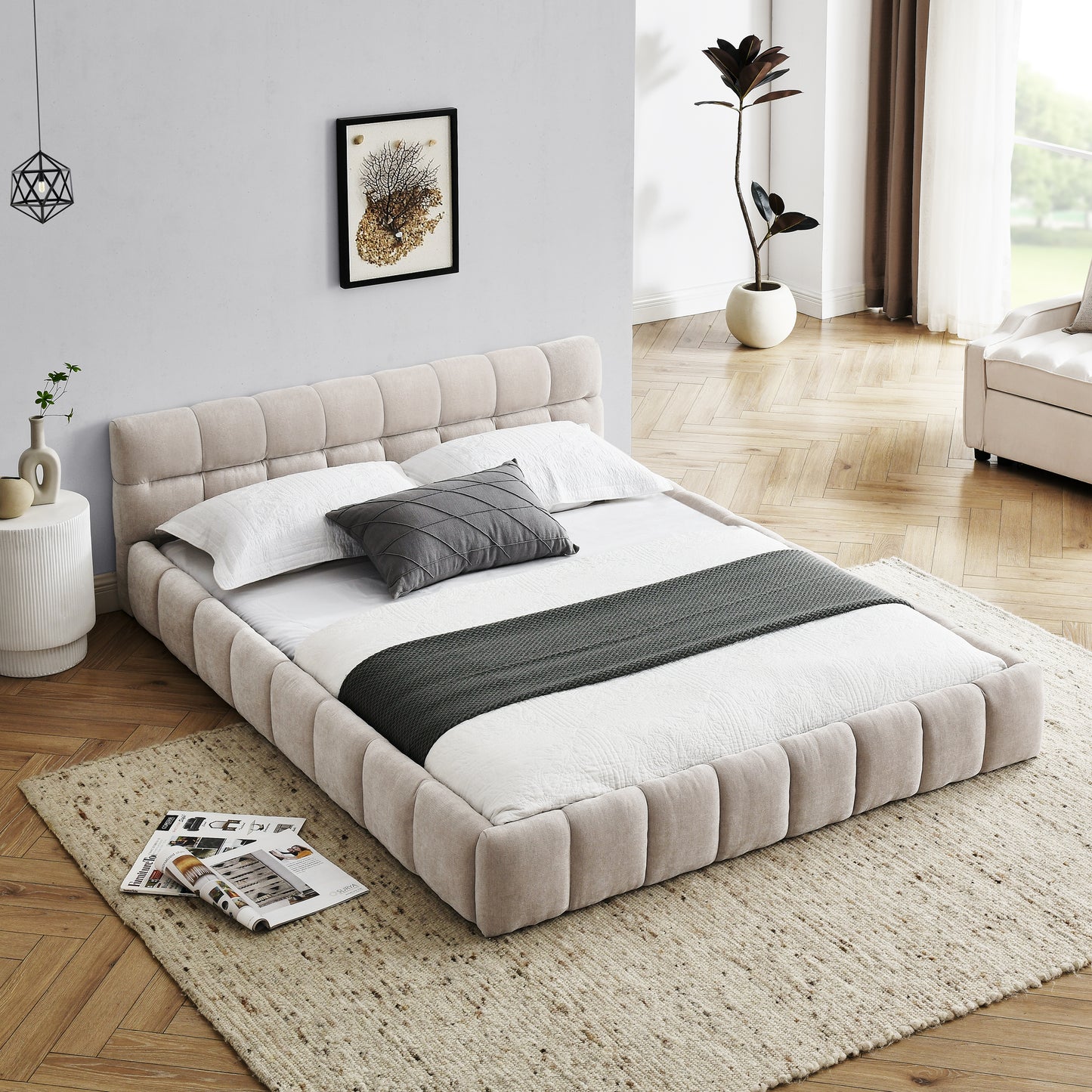 Queen Size Upholstered Bed Frame with Thick Fabric, Chenille Fabric Grounded Queen Size Platform Bed with Headboard and Solid Frame. No Box Spring Needed, Beige(68''*86.5''*23.5'') image 1