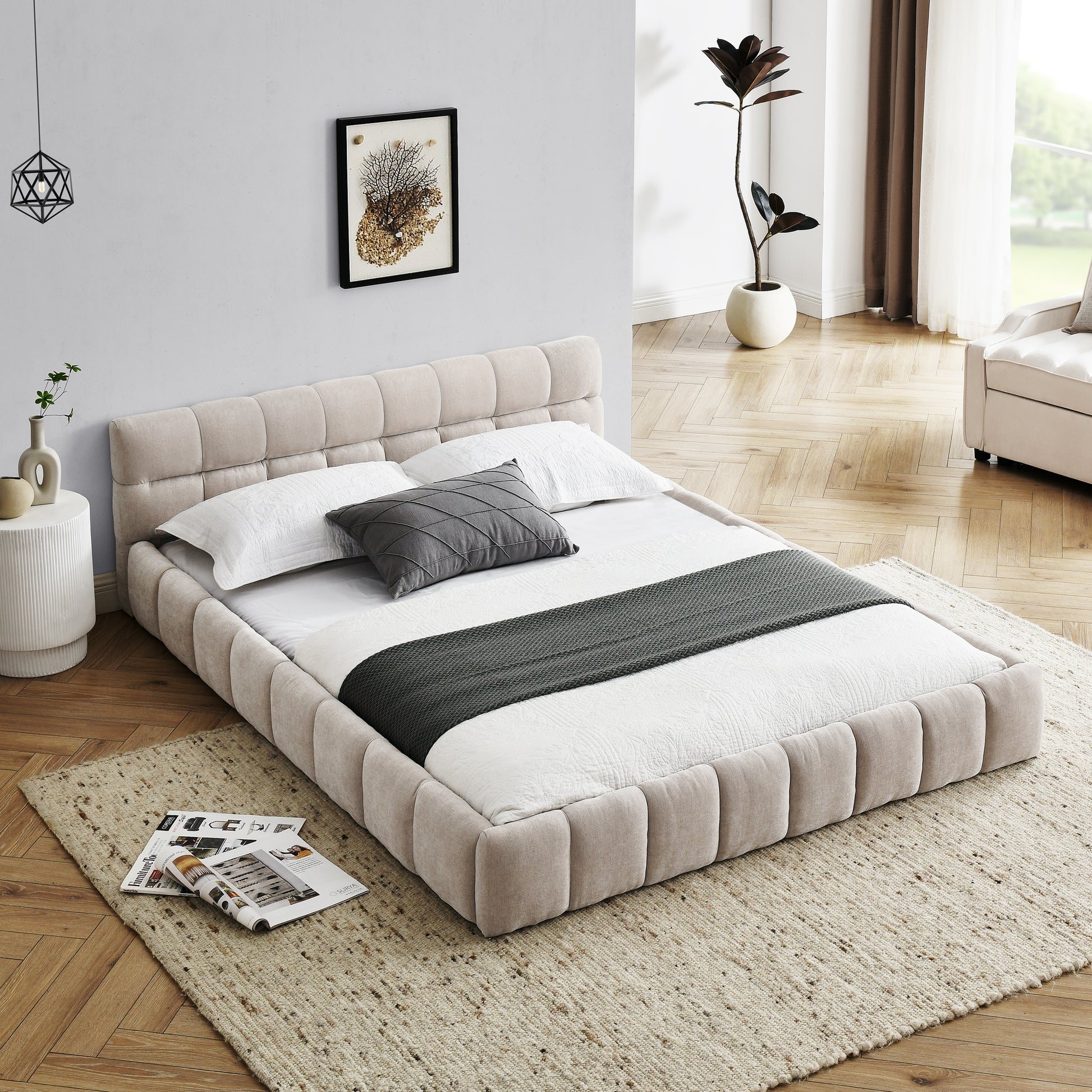 Queen Size Upholstered Bed Frame with Thick Fabric, Chenille Fabric Grounded Queen Size Platform Bed with Headboard and Solid Frame. No Box Spring Needed, Beige(68''*86.5''*23.5'') image 1