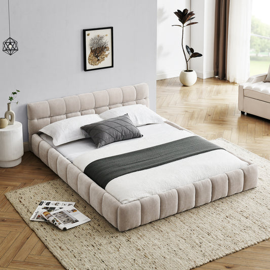 Queen Size Upholstered Bed Frame with Thick Fabric, Chenille Fabric Grounded Queen Size Platform Bed with Headboard and Solid Frame. No Box Spring Needed, Beige(68''*86.5''*23.5'') image 1