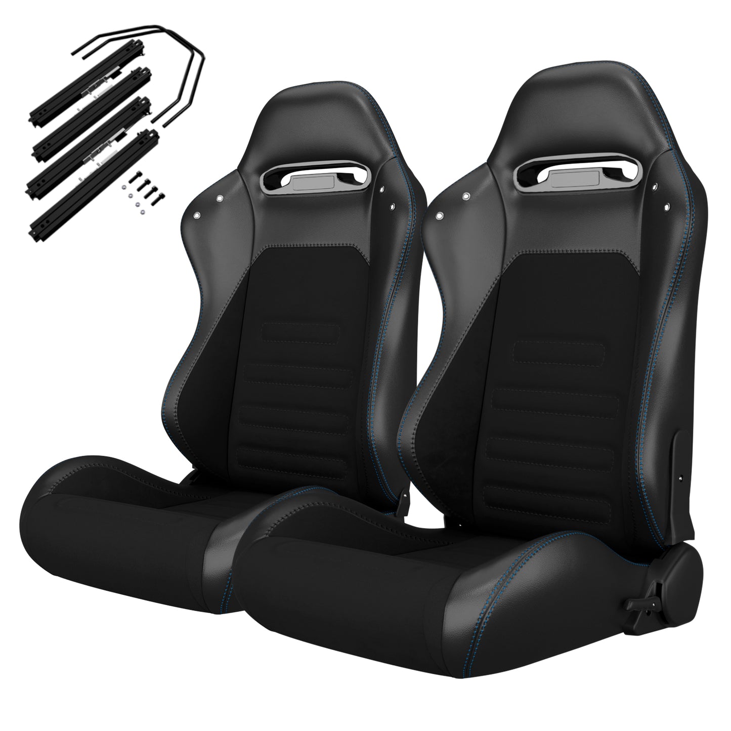 2PC Universal Racing Seats Stitch PVC Leather Reclinable Carbon Look Leather Black With Adjustor Slider(Not Including Seat Bracket) 1 box of 2 pieces image 2