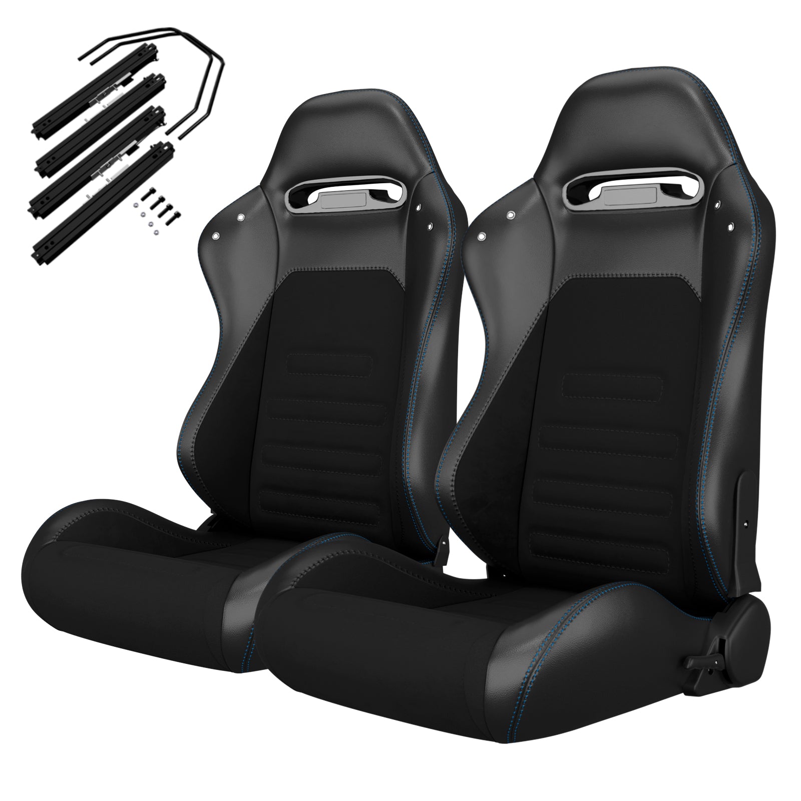 2PC Universal Racing Seats Stitch PVC Leather Reclinable Carbon Look Leather Black With Adjustor Slider(Not Including Seat Bracket) 1 box of 2 pieces image 2
