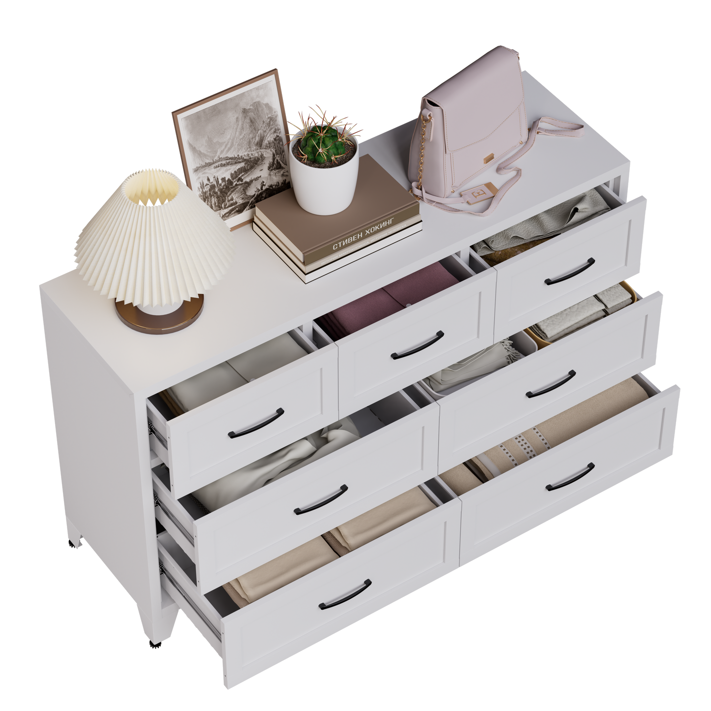 7-Drawer Dresser, Wide Low-Profile Storage Cabinet, White Metal Chest of Drawers for Bedroom, Living Room & Entryway image 11