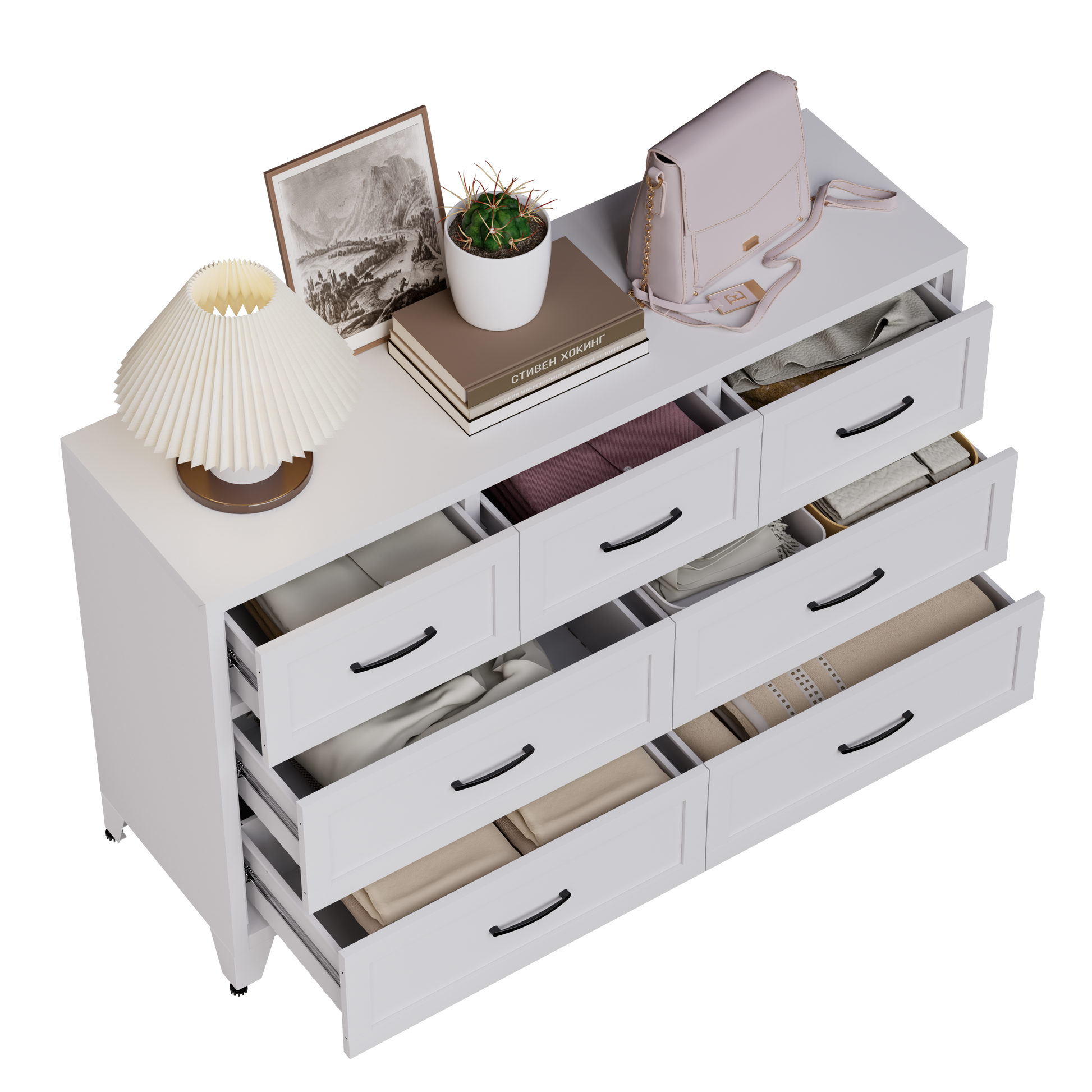 7-Drawer Dresser, Wide Low-Profile Storage Cabinet, White Metal Chest of Drawers for Bedroom, Living Room & Entryway image 11