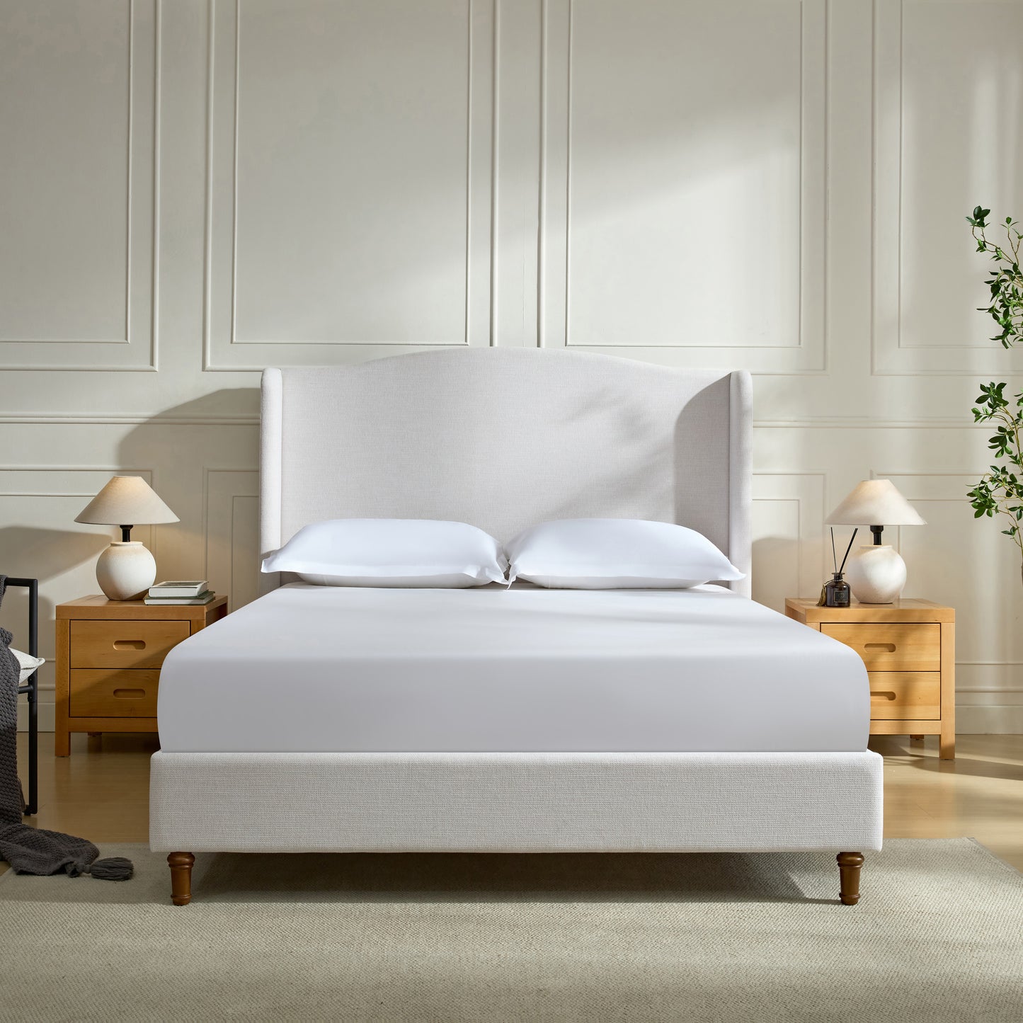 Hannah Upholstered Wingback Bed Size Queen / Tall 54" Headboard Upholstered Queen Bed / Premium Textured Canvas Chenille Look Ivory / Minimalist Designs / No Box Spring Needed / Easy Assembly / Queen image 1