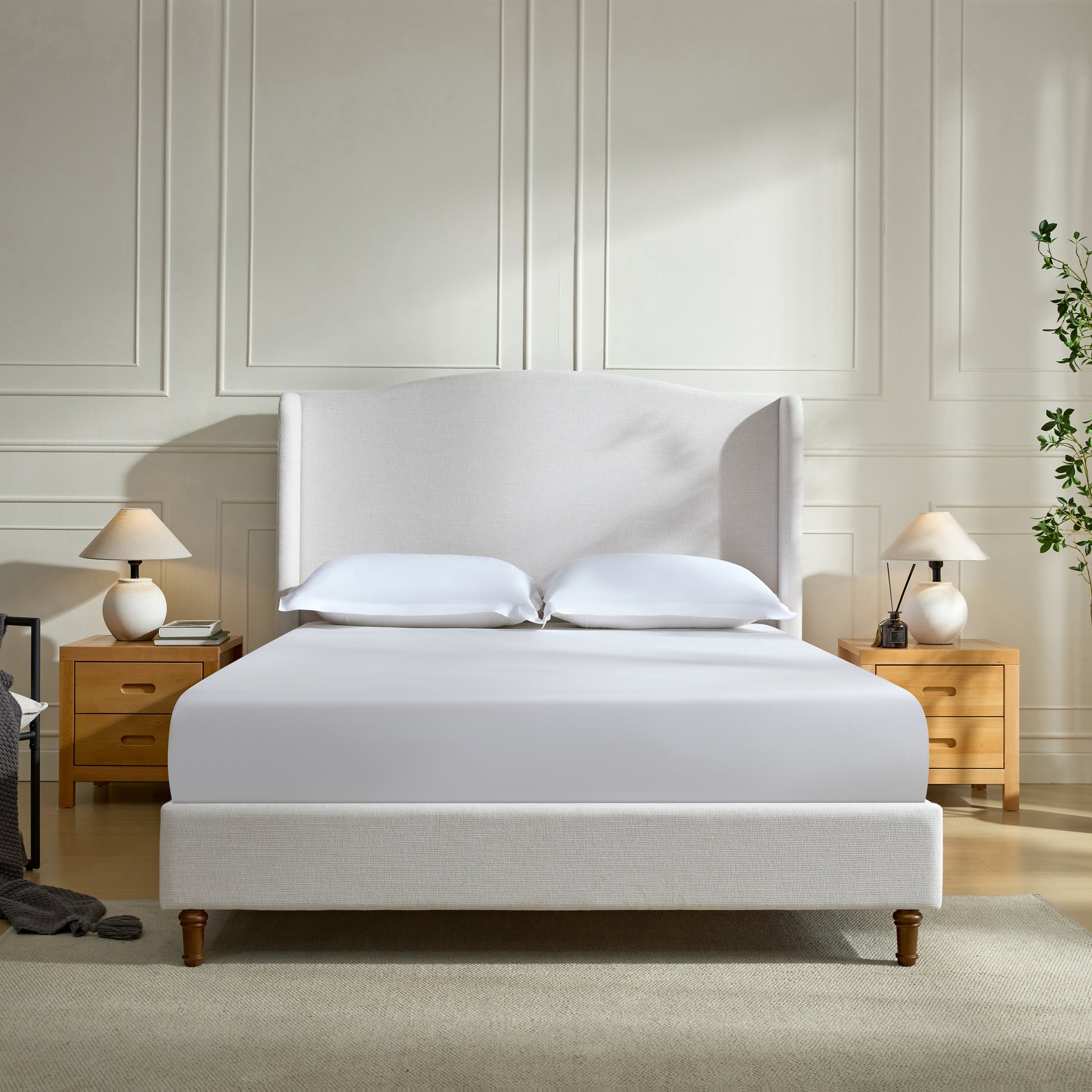 Hannah Upholstered Wingback Bed Size Queen / Tall 54" Headboard Upholstered Queen Bed / Premium Textured Canvas Chenille Look Ivory / Minimalist Designs / No Box Spring Needed / Easy Assembly / Queen image 1