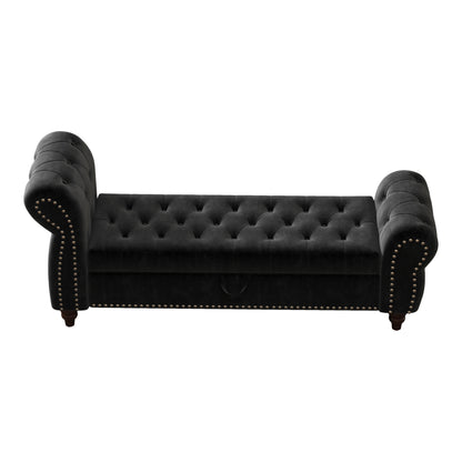 64.5" Bed Bench for Bed Room Nails Tufted Chaise of Lounge with Storage Velvet Upholstery Black image 7