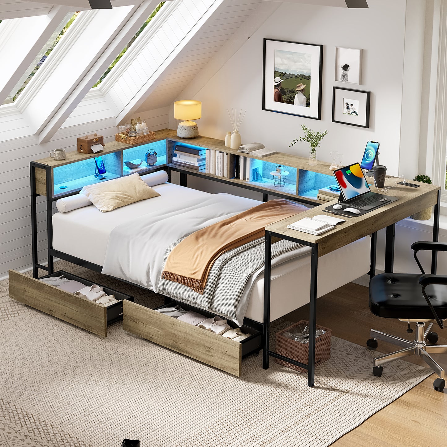 Corner Bed Frame Twin Size with Bookcase and 2 Underbed Storage Drawers, Modern Twin Bed with LED Light and Charging Station, Grey image 1