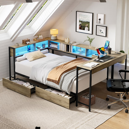 Corner Bed Frame Twin Size with Bookcase and 2 Underbed Storage Drawers, Modern Twin Bed with LED Light and Charging Station, Grey image 1