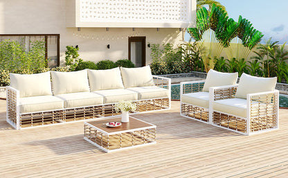 TOPMAX Modern Minimalist 7-Piece Metal Patio Sectional Sofa Set, All-Weather Garden Conversational Furniture Set with Thick Cushions and Coffee Table for Indoor Outdoor, White image 2