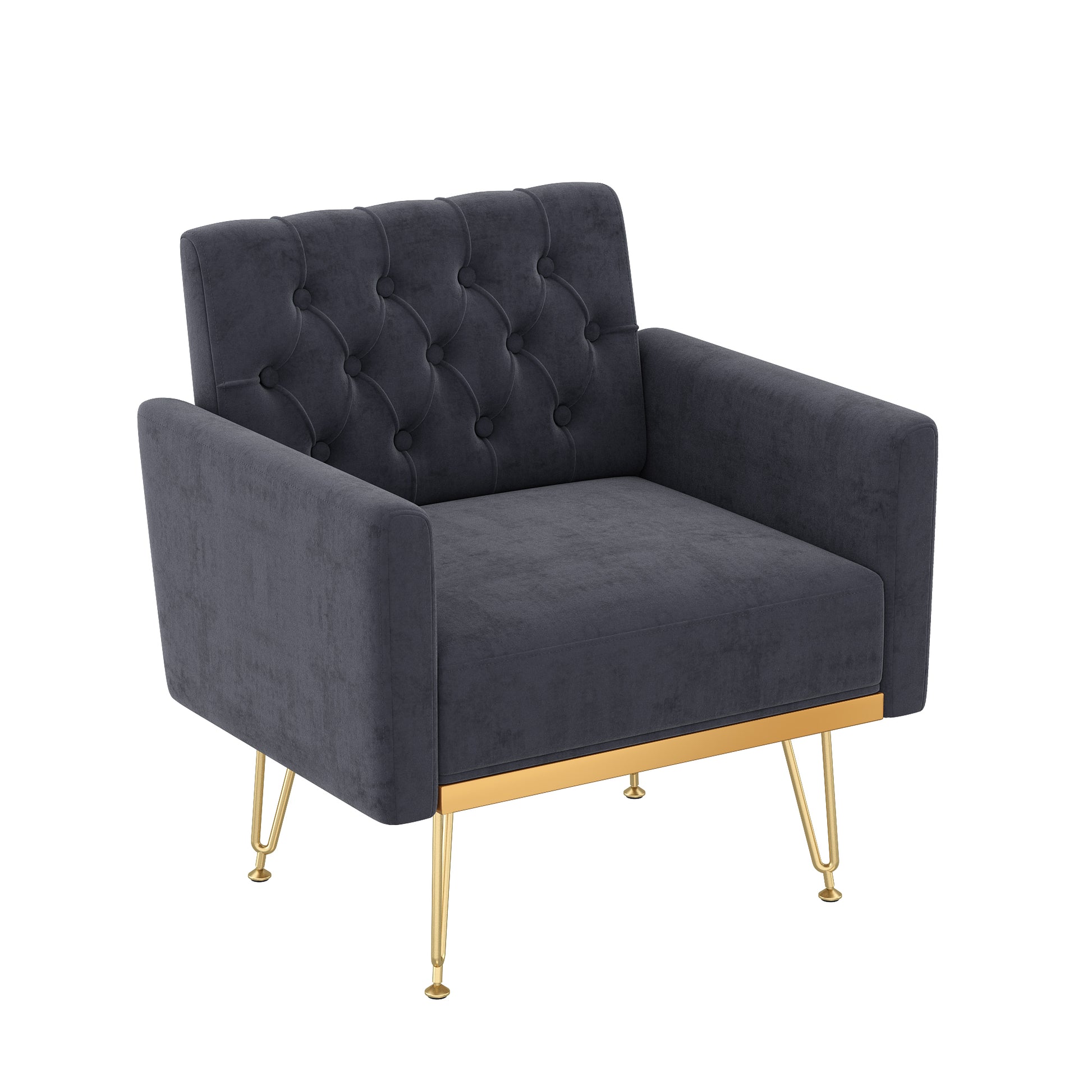 Velvet Armchair Single Sofa Modern Tufted Upholstered Side Reading Chairs with Arm and Gold Metal Leg for Living Room Bedroom (Black) image 1