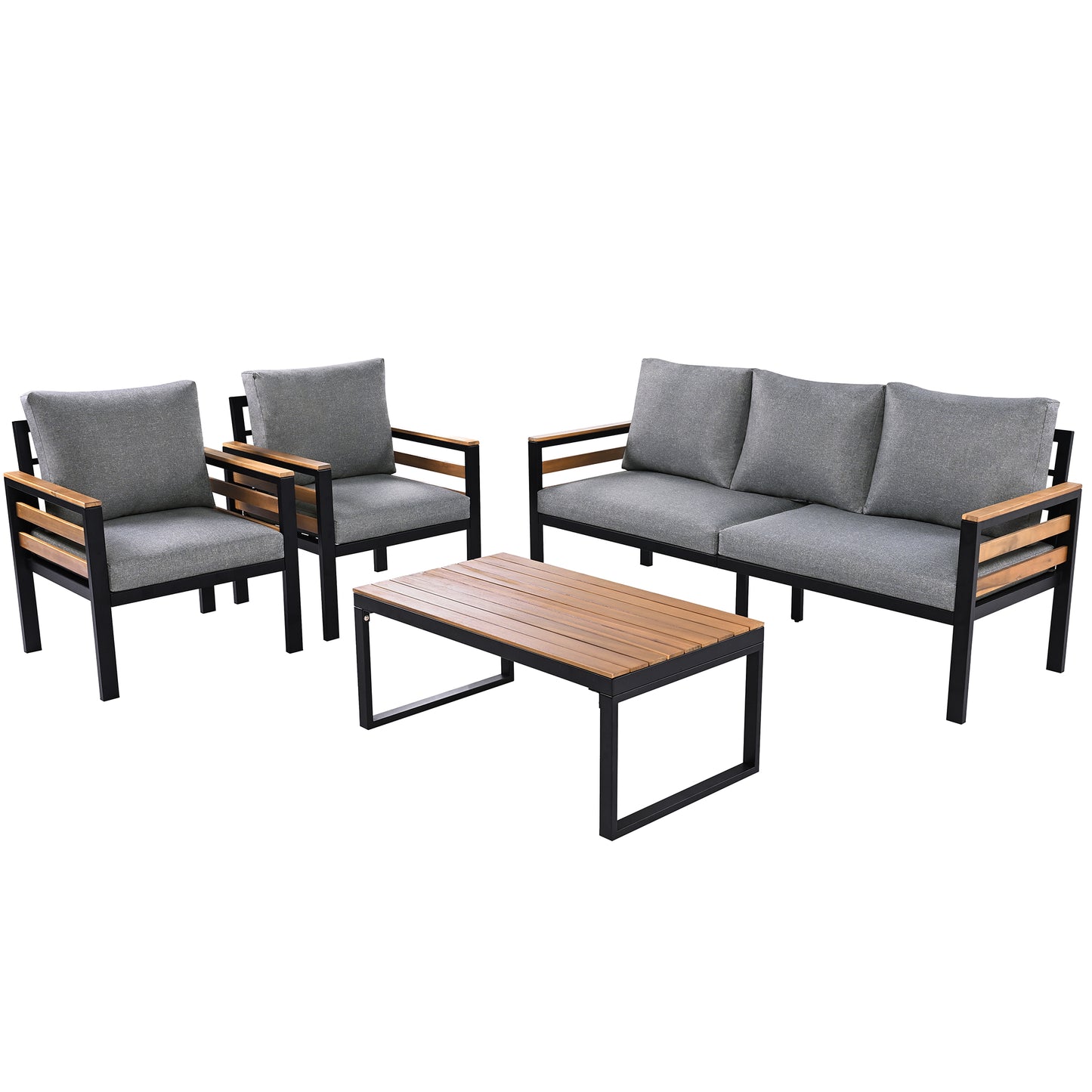 <Old SKU: N704G201246E> GO 4-Piece Outdoor Furniture Sofa Set for 5 People with Acacia Wood Armrests, Patio Conversation Set with Removable Cushion and Solid Wood Coffee Table for Garden, Grey image 10
