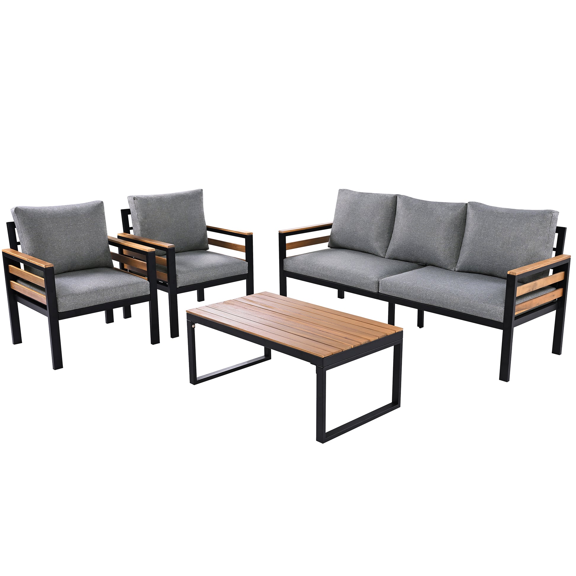 <Old SKU: N704G201246E> GO 4-Piece Outdoor Furniture Sofa Set for 5 People with Acacia Wood Armrests, Patio Conversation Set with Removable Cushion and Solid Wood Coffee Table for Garden, Grey image 10