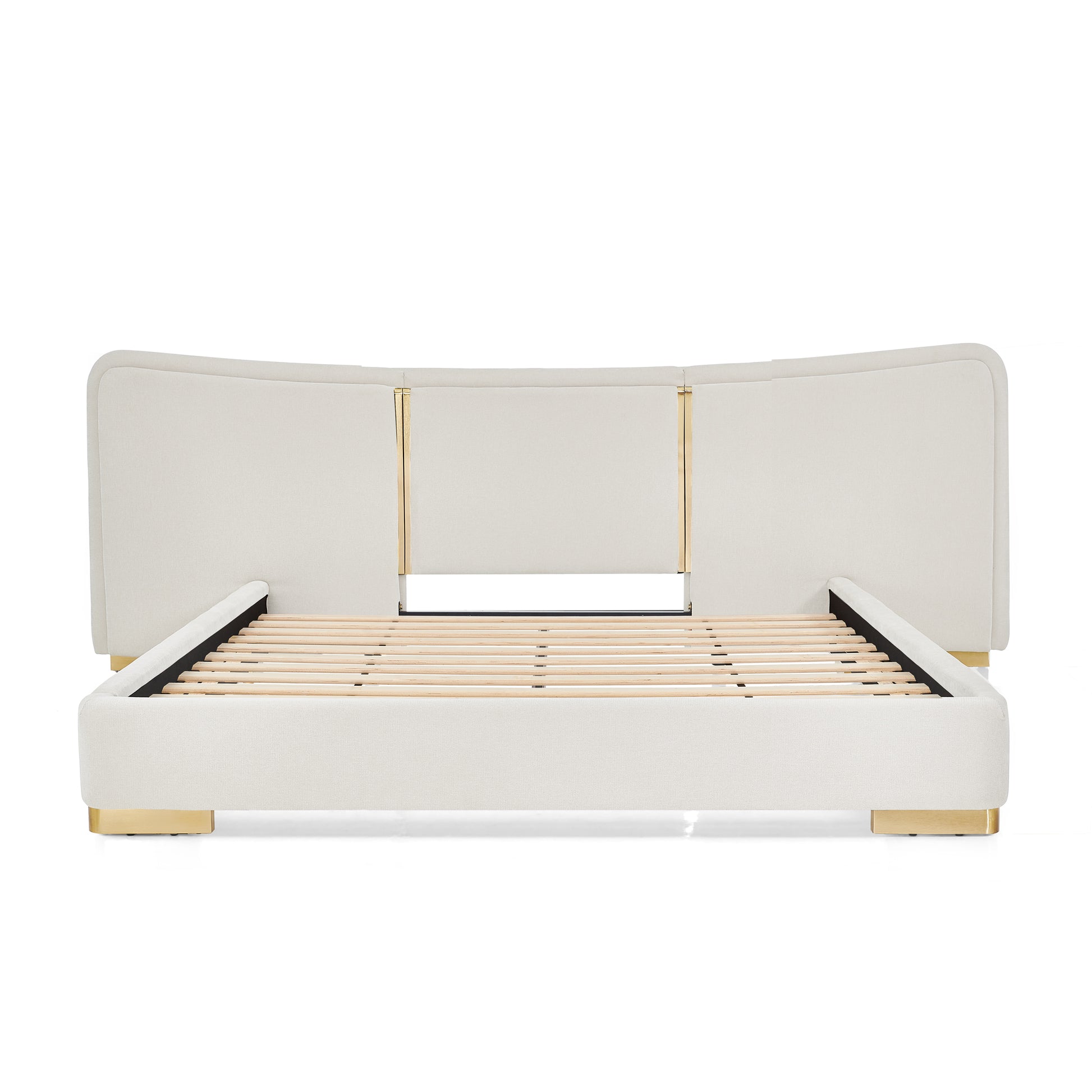 Queen Size Extra Large Platform Bed, Soft Chenille Fabric Frame, Curved Headboard, Reinforced Electroplated Metal Legs, Flexible DIY Side Space Design-Beige image 8