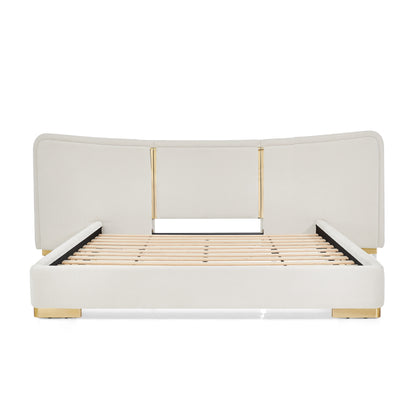 Queen Size Extra Large Platform Bed, Soft Chenille Fabric Frame, Curved Headboard, Reinforced Electroplated Metal Legs, Flexible DIY Side Space Design-Beige image 8