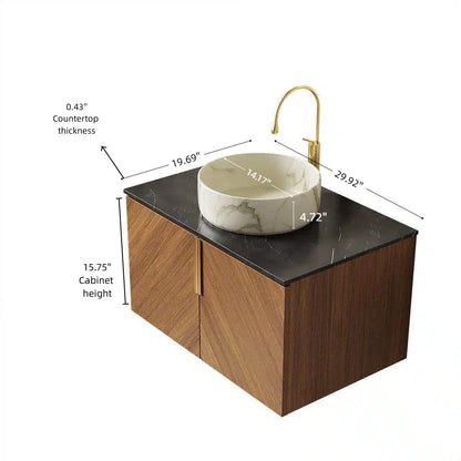 ARAI 30" Bathroom Vanity&Sink, Floating Plywood Bathroom Storage Cabinet with 2 Doors, Black Sintered Stone Countertop&White Round Ceramic Basin with Stone Pattern, Brown Oak Woodgrain Color (New SKU) image 5
