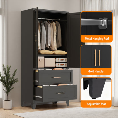 71" Tall Metal Wardrobe Cabinet with 2 Drawers and Hanging Rod, 2 Doors Wardrobe Closet with Shelf for Bedroom, Office, Laundry Room,Entryway,Foyer,Guesthouse (Black) image 3