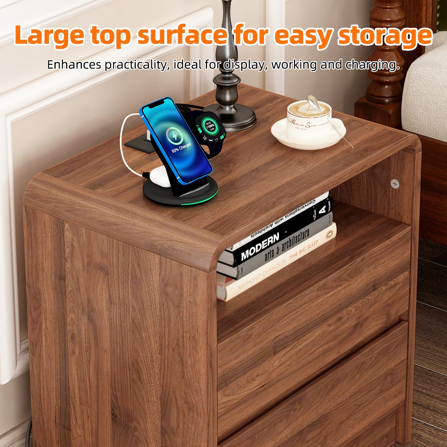 25" Tall Modern Nightstand with Charging Station, 23.6'' Wide Wood Bedside Table w/2 Storage Drawers, Large Mid Century End Table for Bedroom, Living Room, Curved Profile Design (WALNUT) image 9