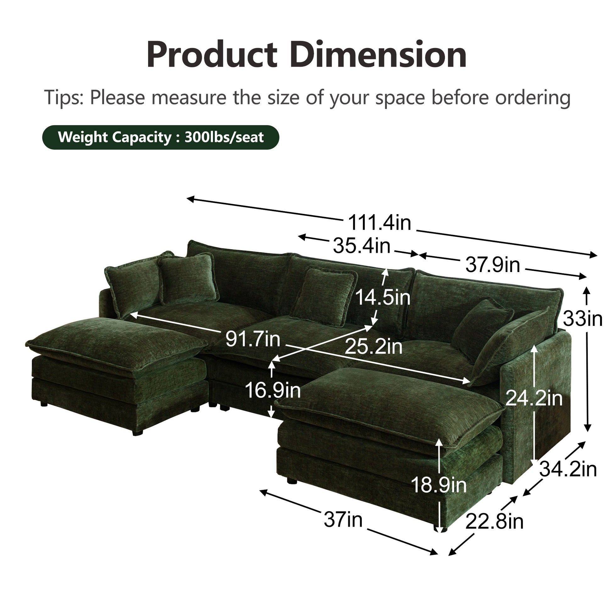 U-Shaped Sectional Sofa w/Reversible Footrest, 3-Seater Convertible Corner Couch with 2 Ottomans,Modern Minimalist Soft Sofa & Couch for Living Room, Green Chenille image 5