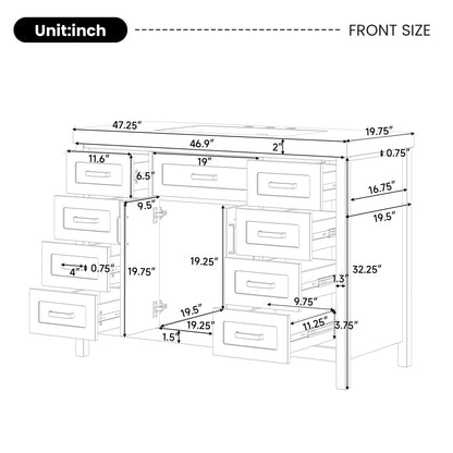 47" Bathroom Vanity without Sink, Cabinet Only, 2 Doors and 8 Drawers, Soft Close System, Classic Design, Black image 3