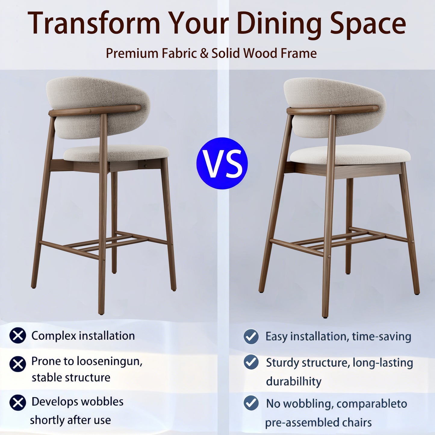 Set of 2 Upgraded Version Modern Ash Wood Counter Height Bar Stools - WALNUT image 3
