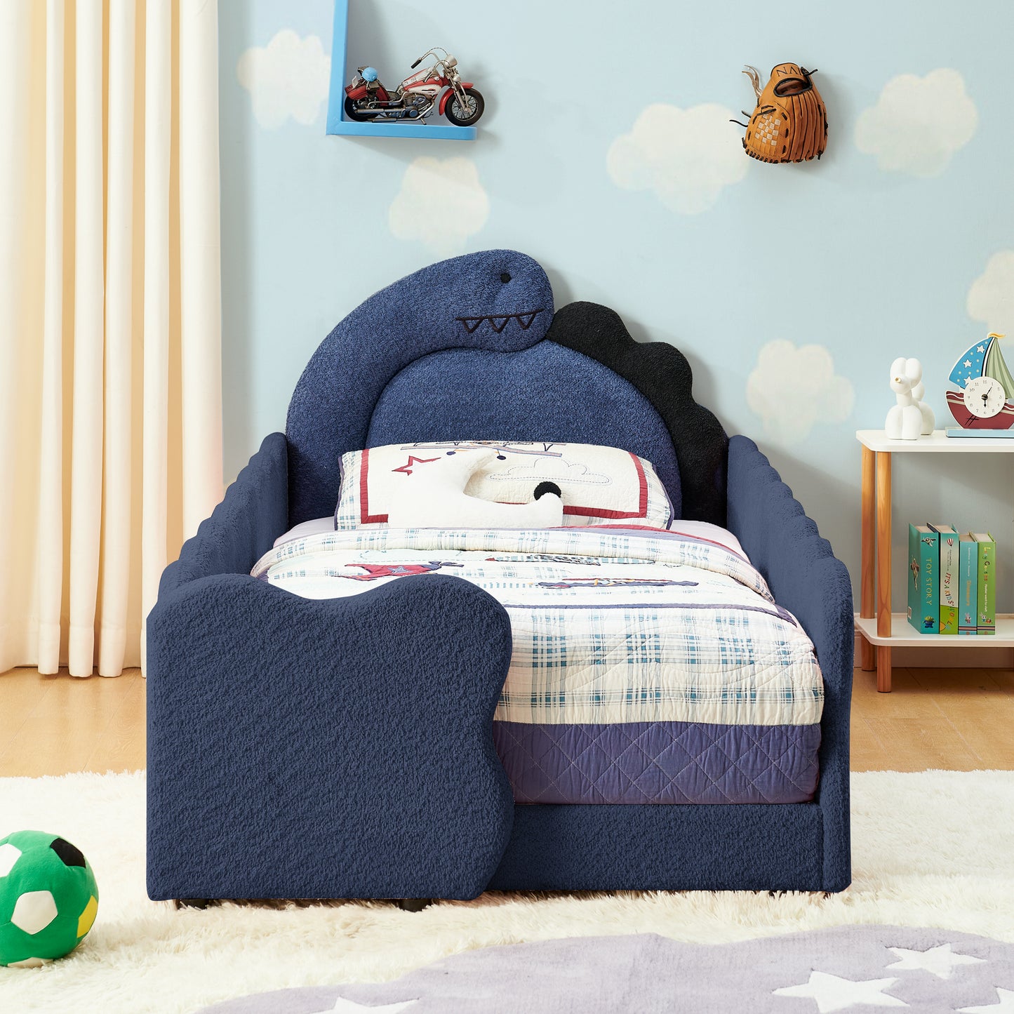 Twin Size Cute Dinosaur-Shaped Kids Bed with Safety Guardraild, Solid Wood Toddler Bed Frame for Children for Bedroom, Boucle Fabric image 1