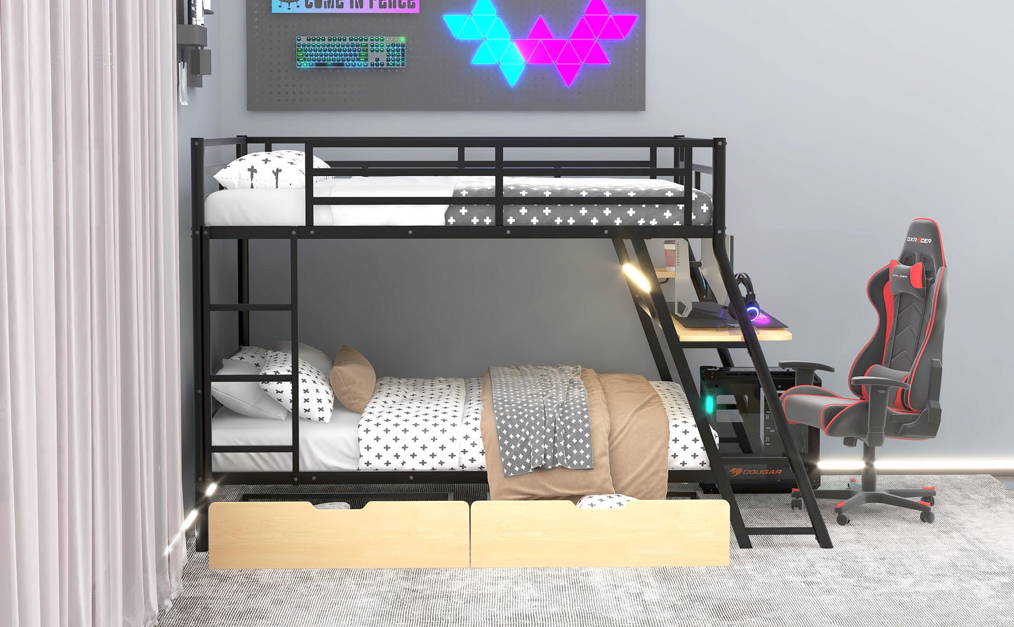 Full Size Metal Bunk Bed with Built-in Desk, Light and 2 Drawers, Black image 6