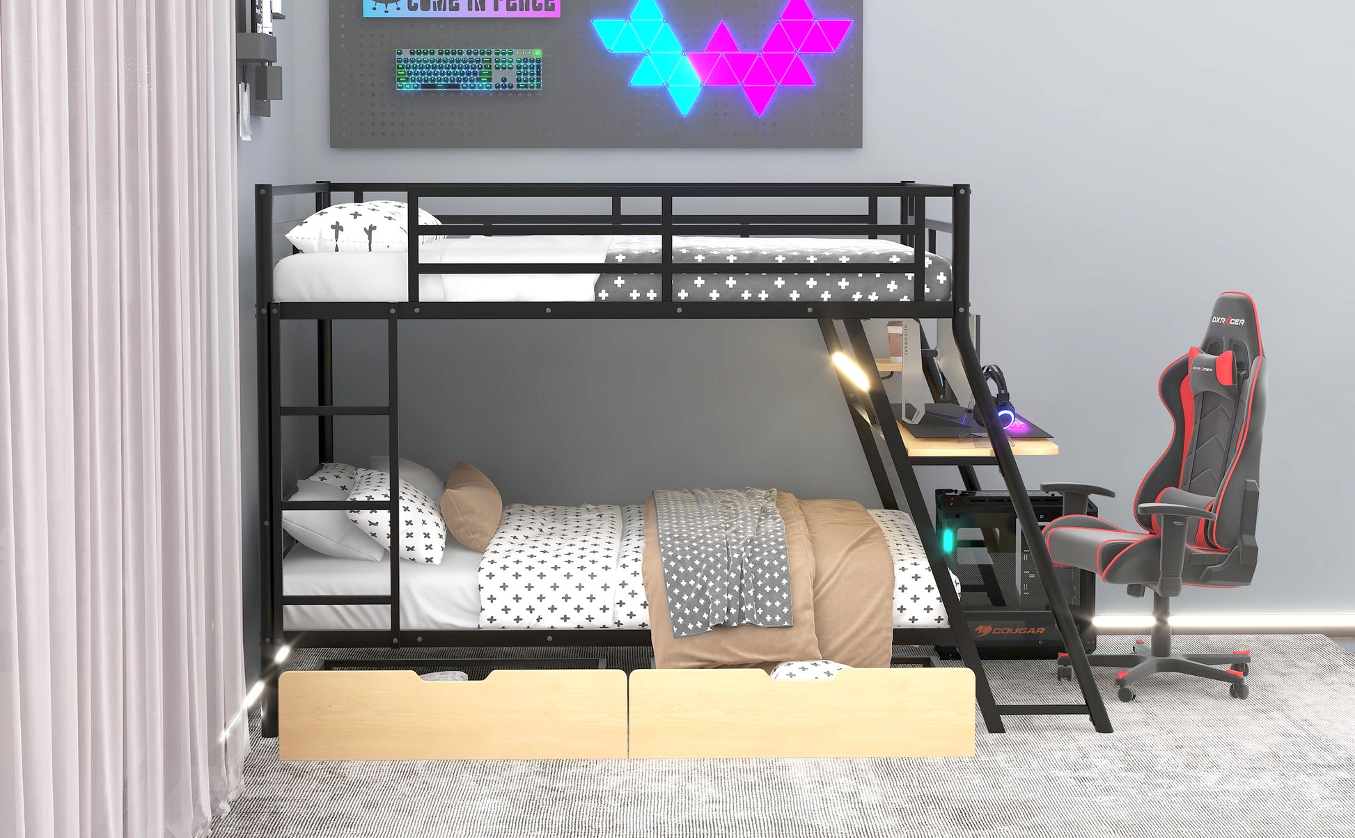 Full Size Metal Bunk Bed with Built-in Desk, Light and 2 Drawers, Black image 6